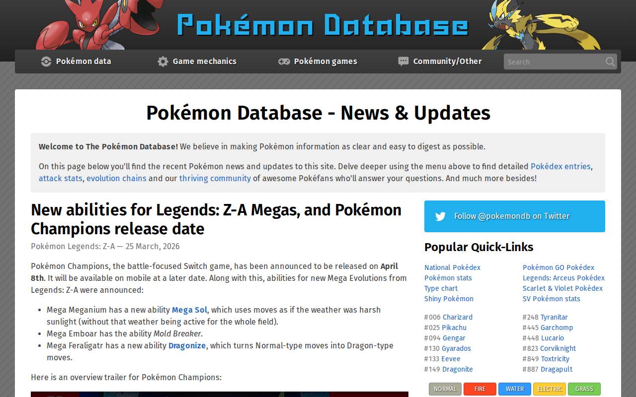 Screenshot of pokemondb.net