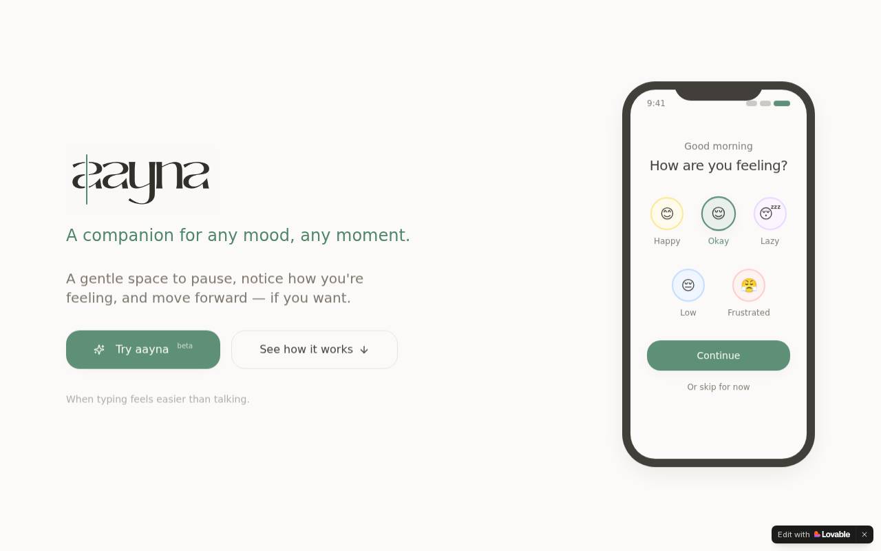 Screenshot of aayna-gentle-pause.lovable.app