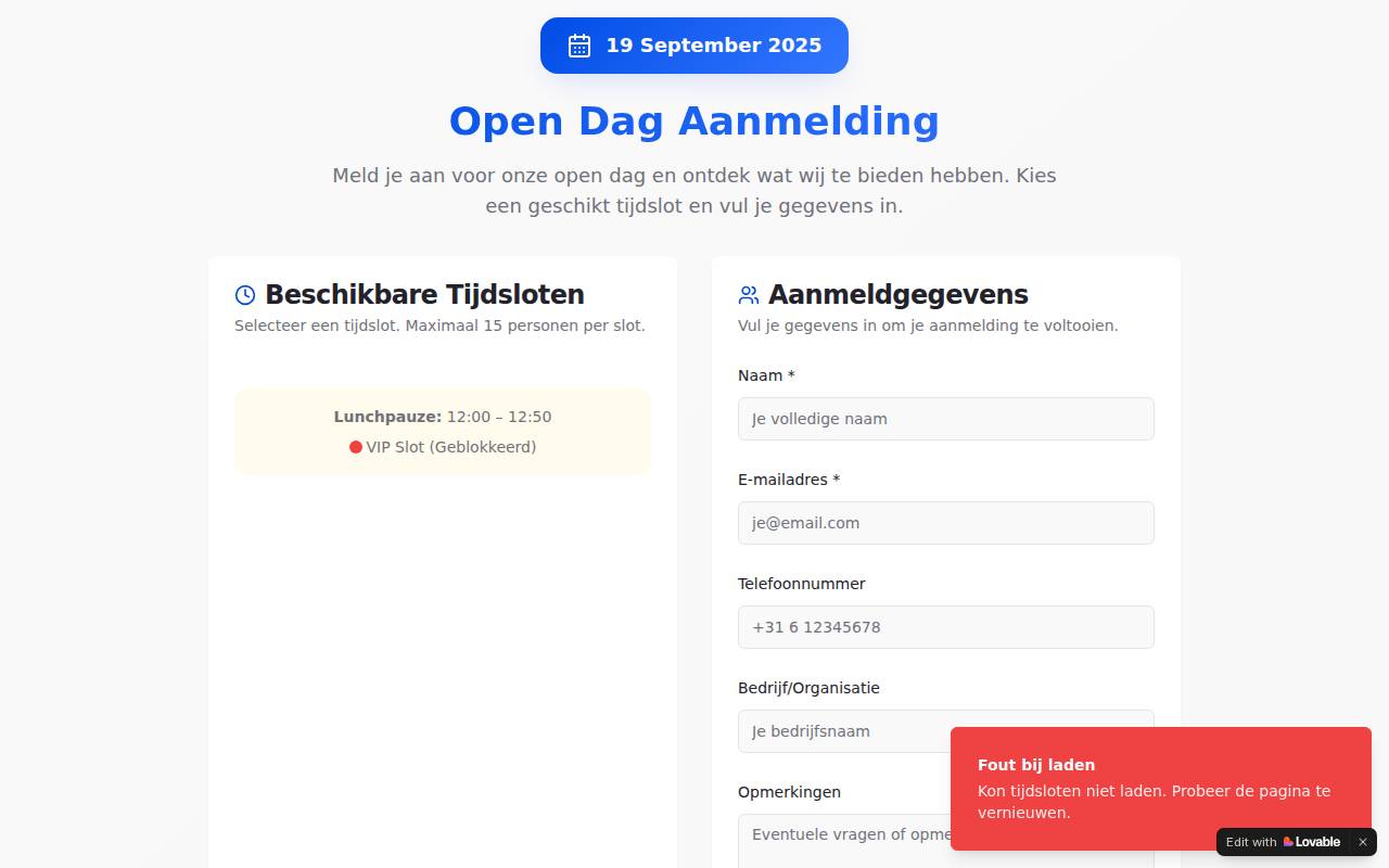 Screenshot of aanmelding-open-dag.lovable.app
