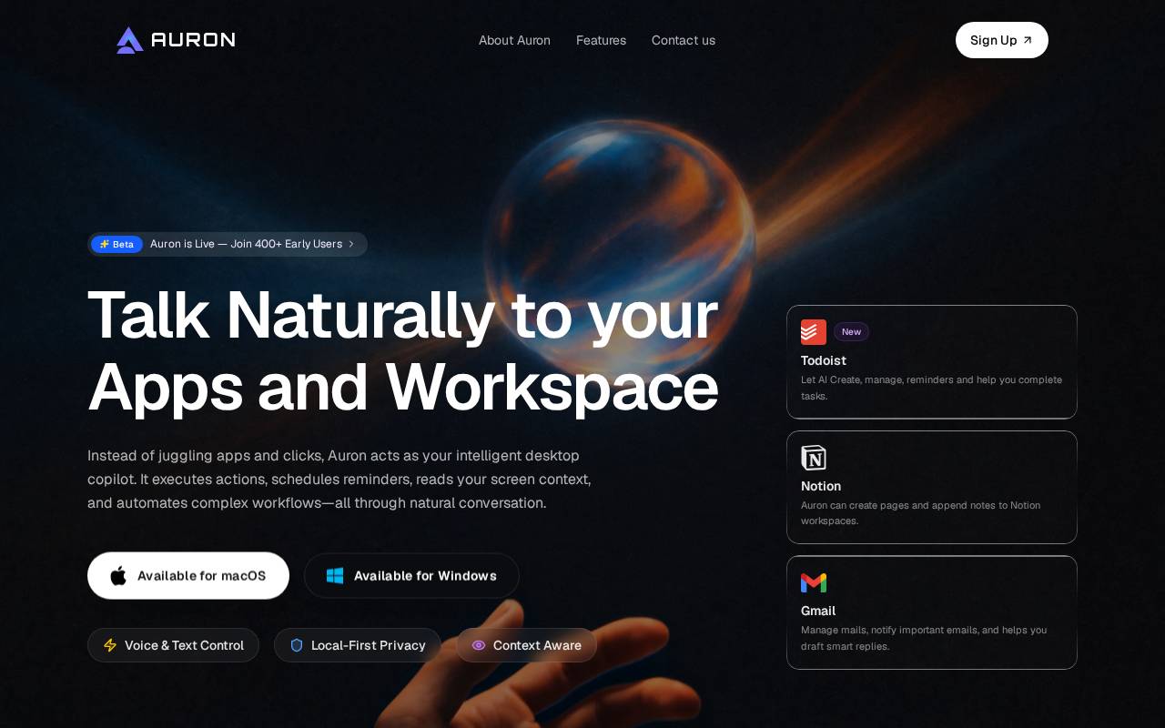 Screenshot of www.tryauron.com