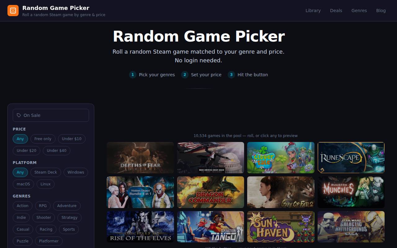 Screenshot of randomgamepicker.com
