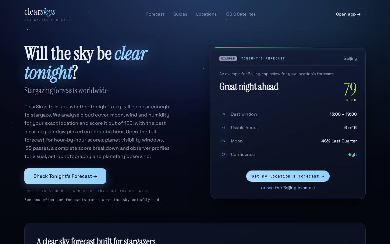 Screenshot of clearskys.app