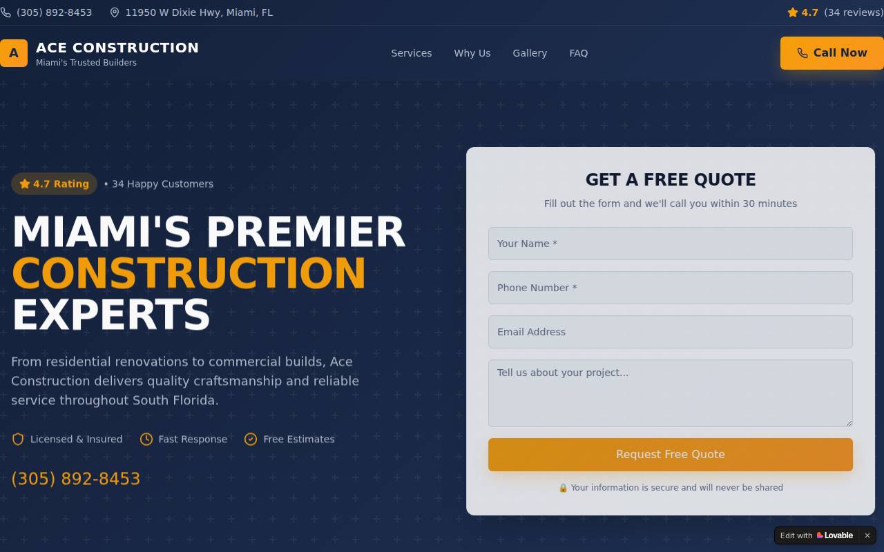 Screenshot of aceconstruction.lovable.app