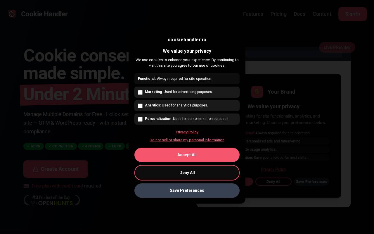 Screenshot of cookiehandler.com
