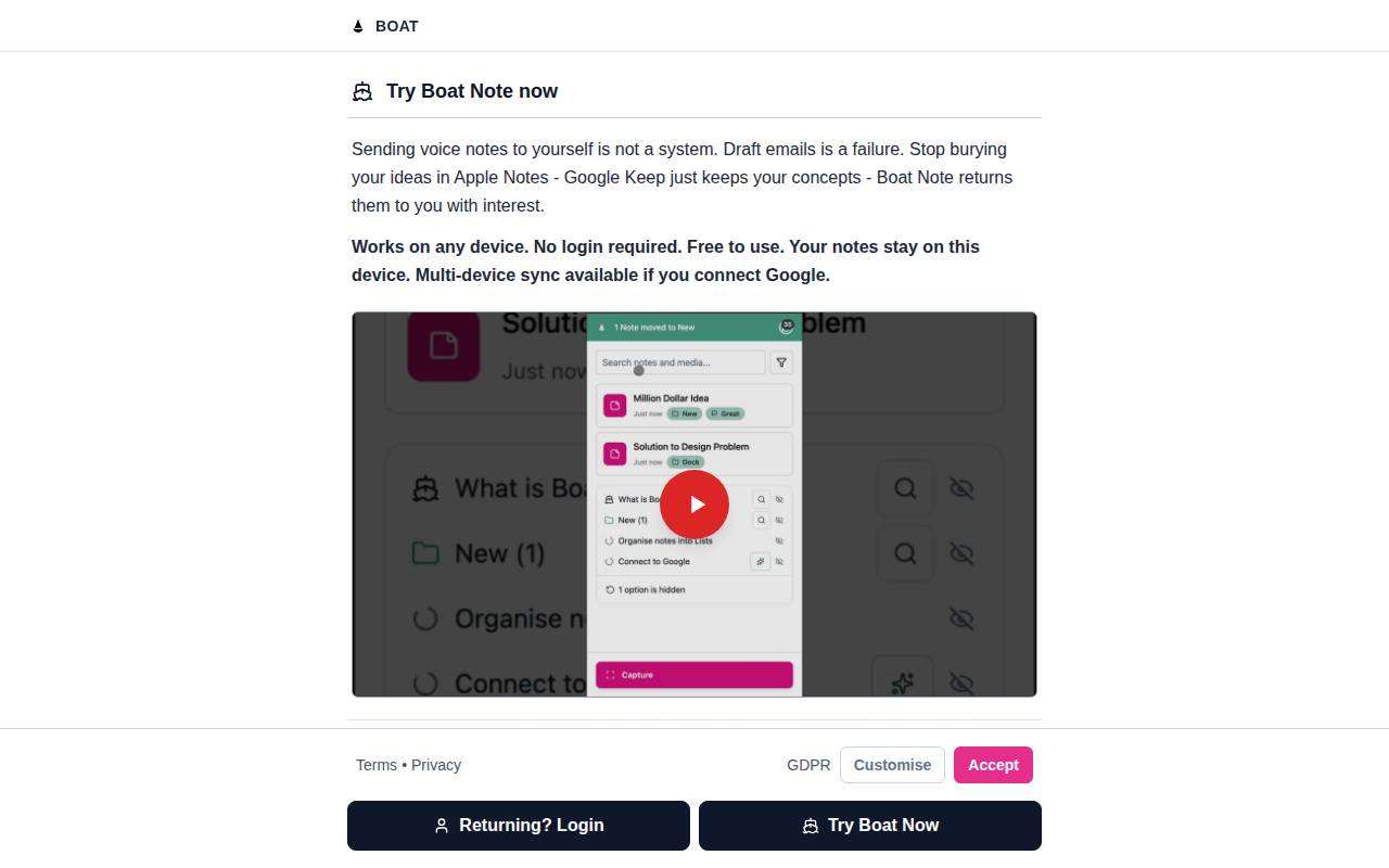 Screenshot of boatnote.app
