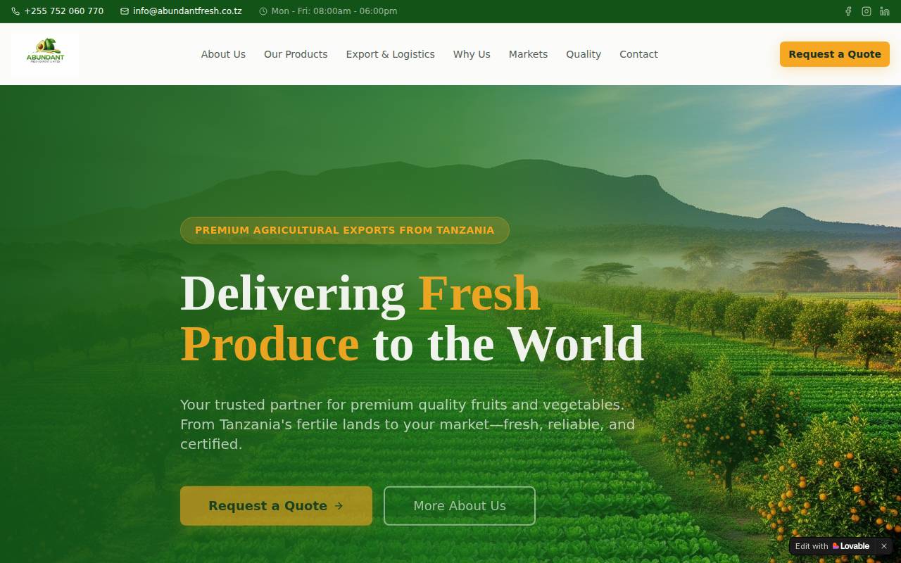 Screenshot of abundant-fresh-exports.lovable.app