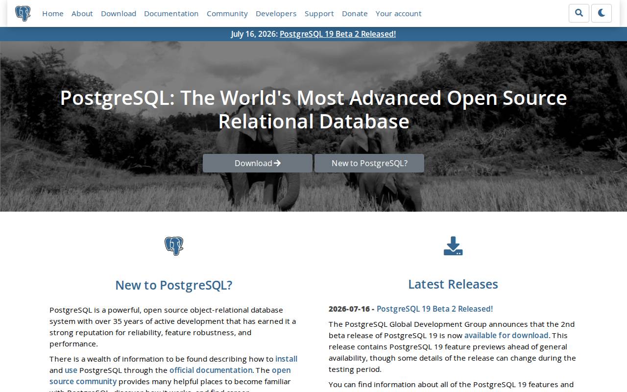 Screenshot of postgresql.org