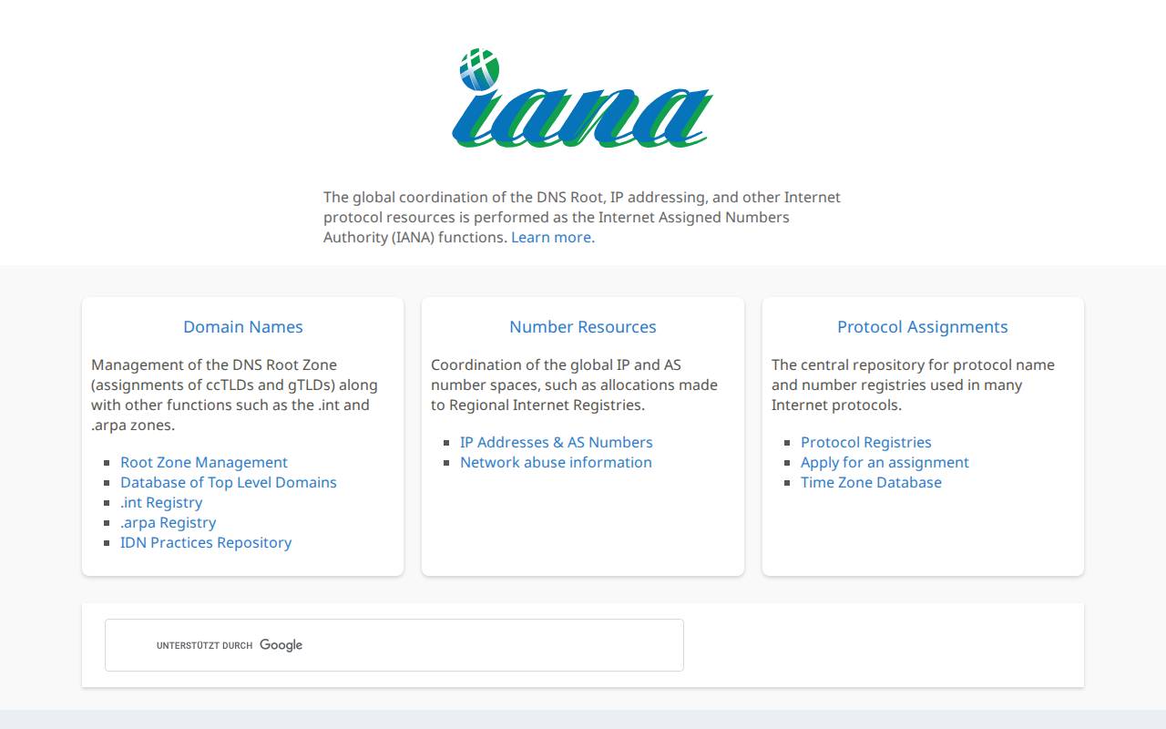 Screenshot of iana.org