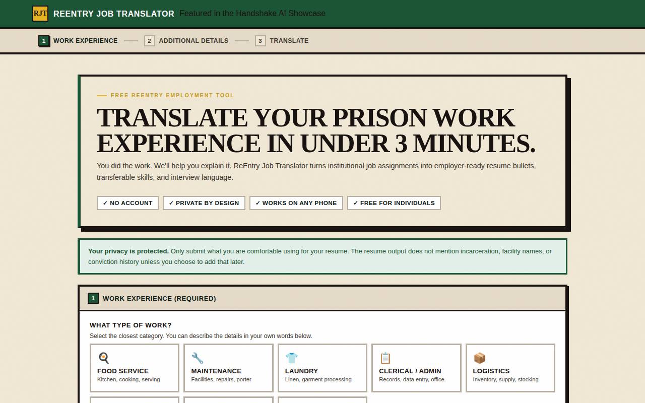Screenshot of reentryjobtranslator.com