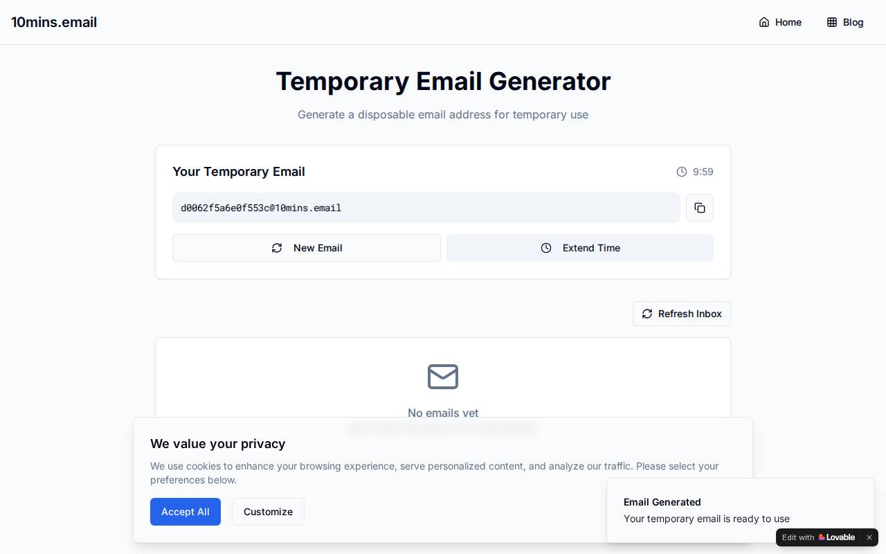 Screenshot of 10mins-email.lovable.app