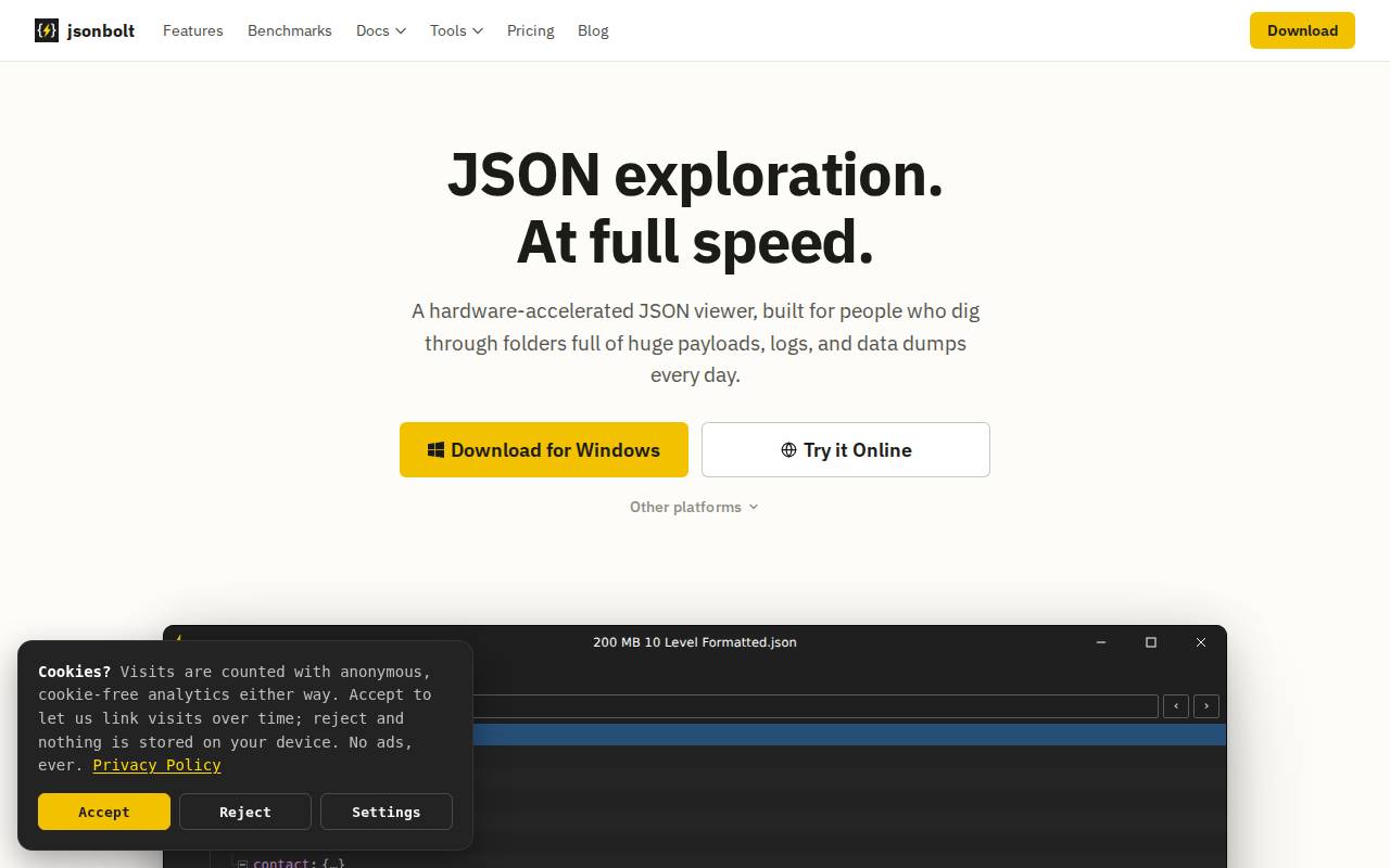 Screenshot of jsonbolt.com