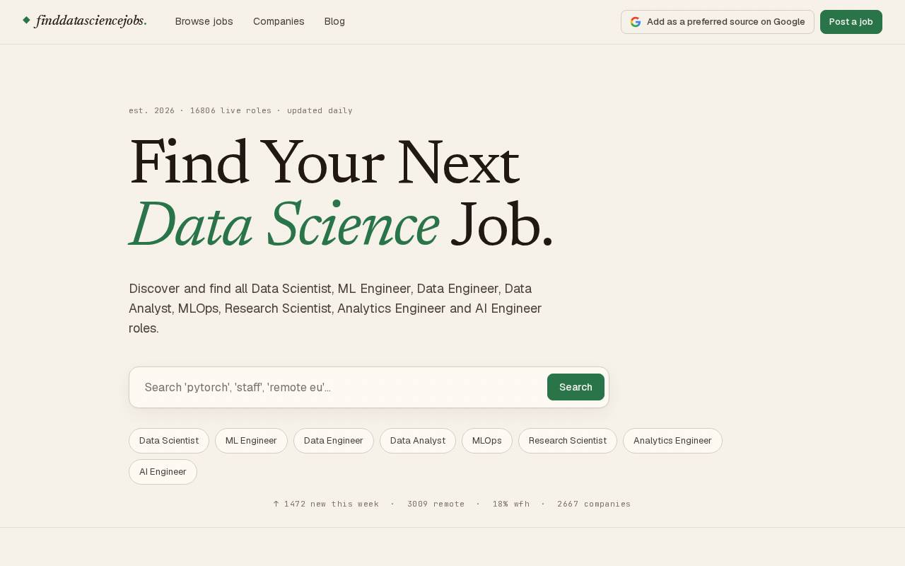 Screenshot of finddatasciencejobs.com
