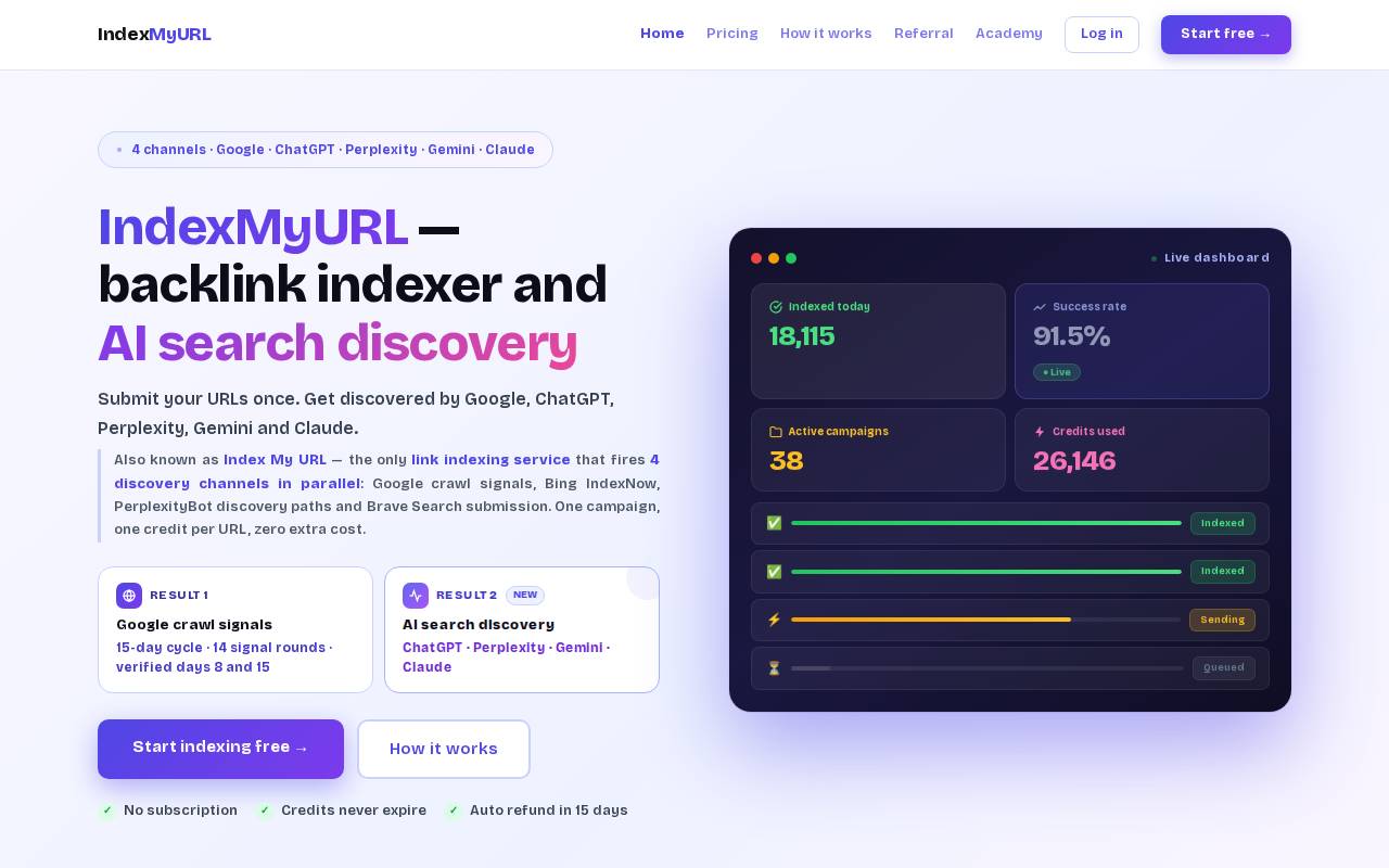 Screenshot of indexmyurl.com