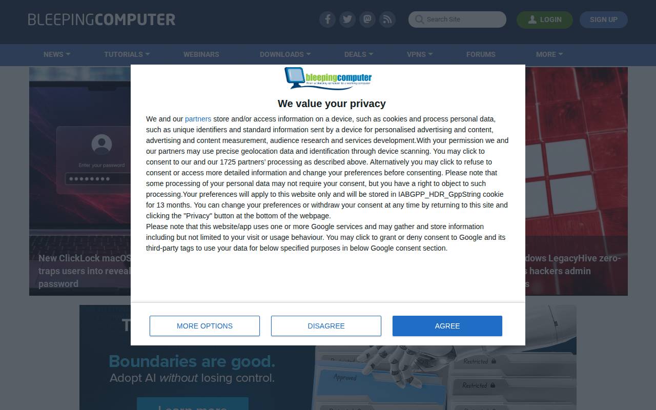 Screenshot of bleepingcomputer.com