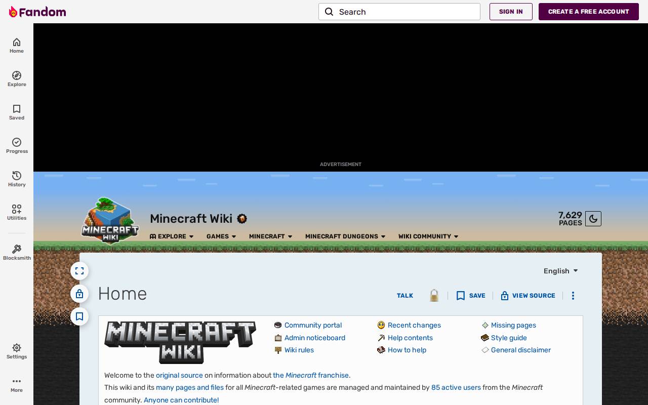 Screenshot of minecraft.fandom.com