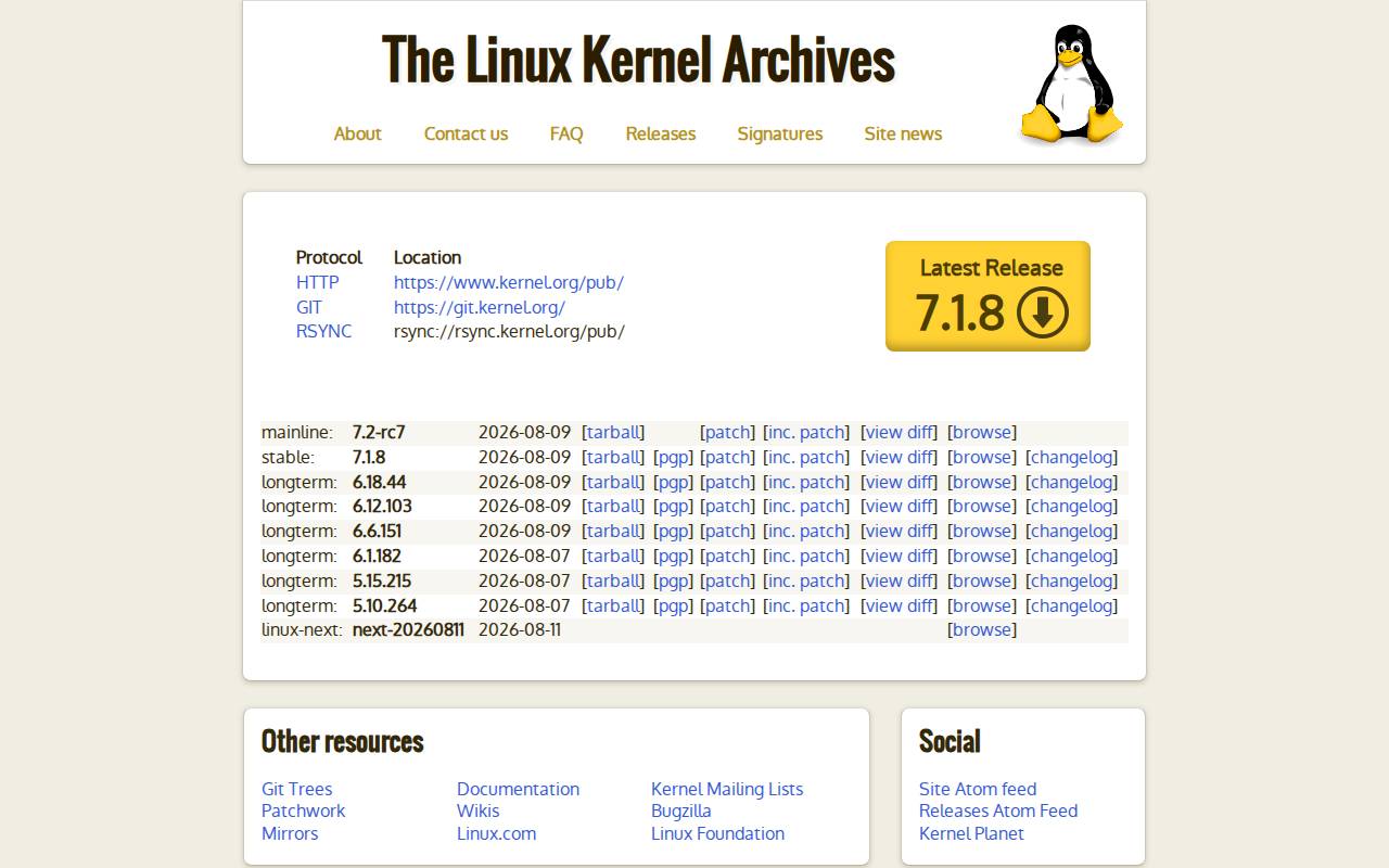 Screenshot of kernel.org